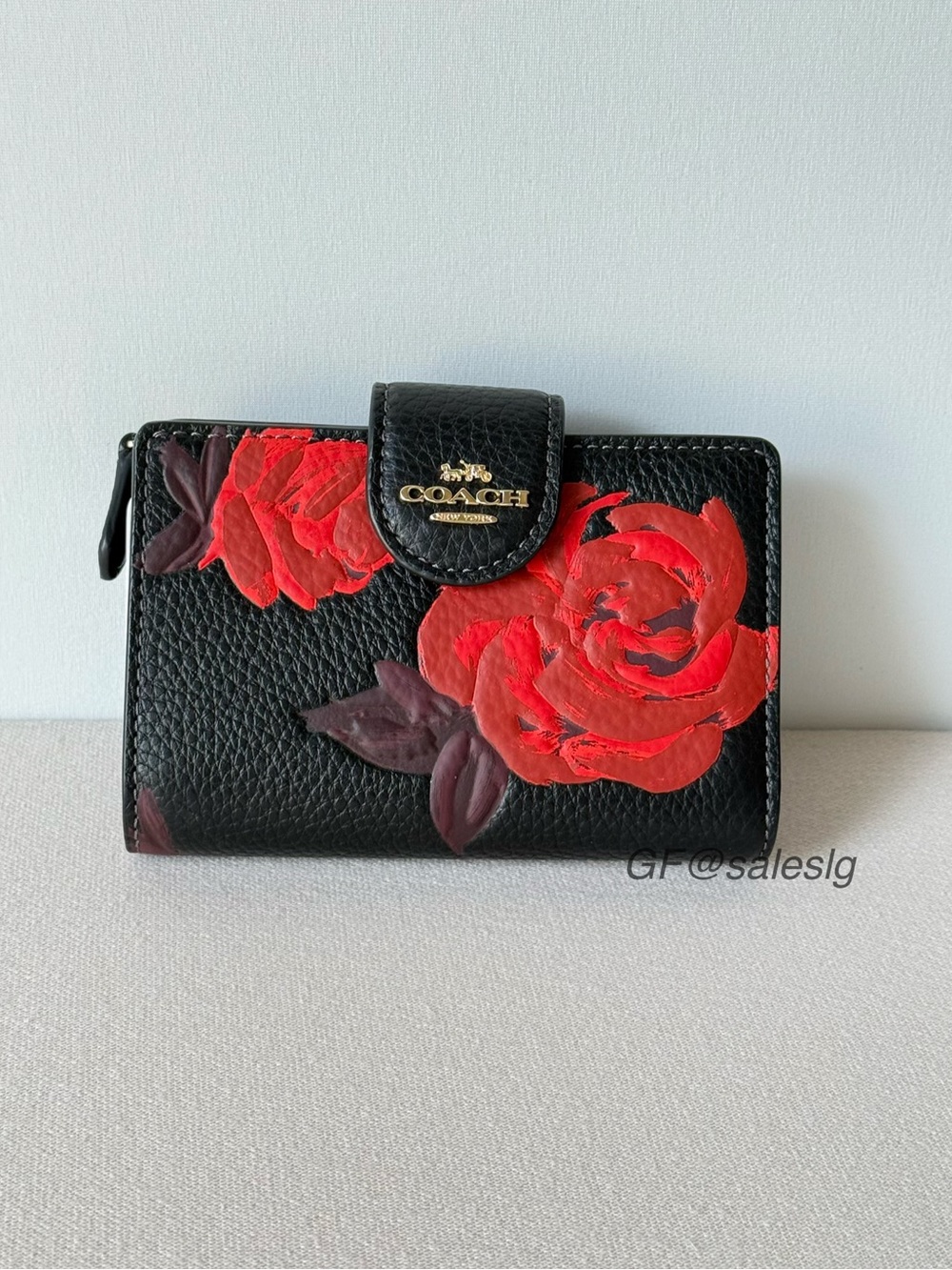 NWT Coach Medium Corner Zip Wallet Floral Print Black Red CCL63